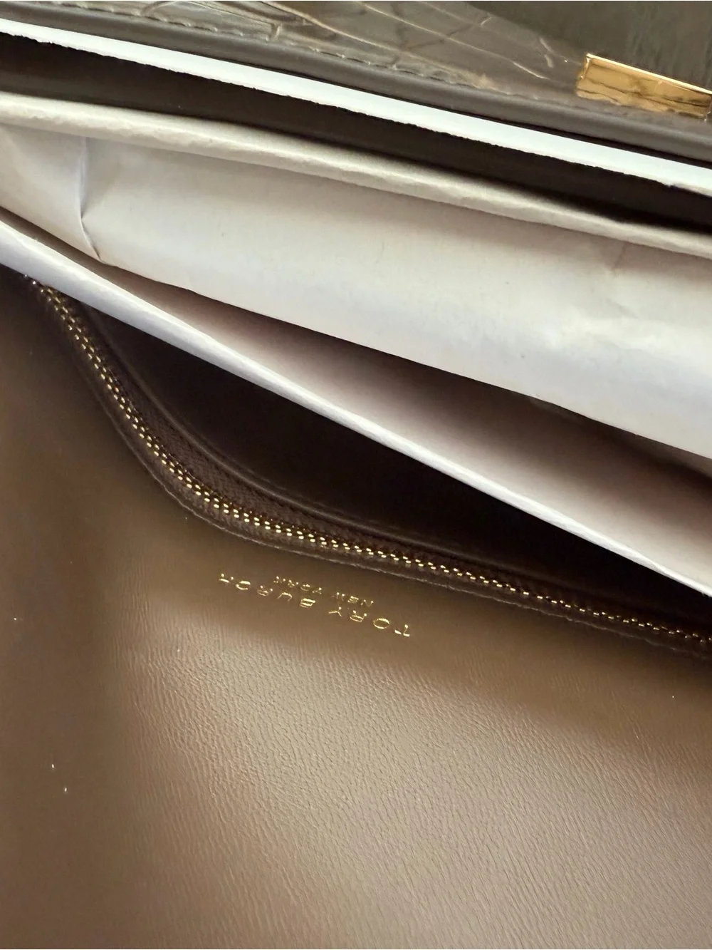 Tory Burch Britten Brown Croc-Embossed Shoulder Bag with Gold Logo